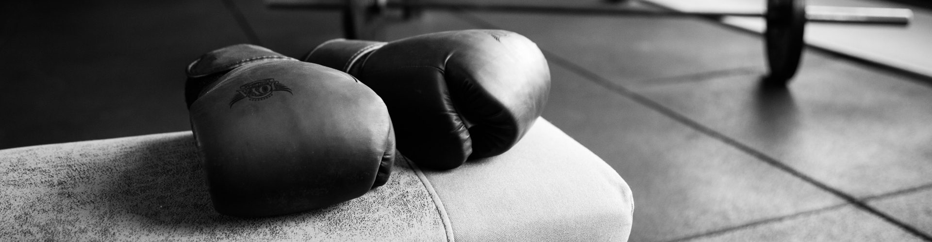 Een zwart wit foto met daarop bokshandschoenen en een barbell