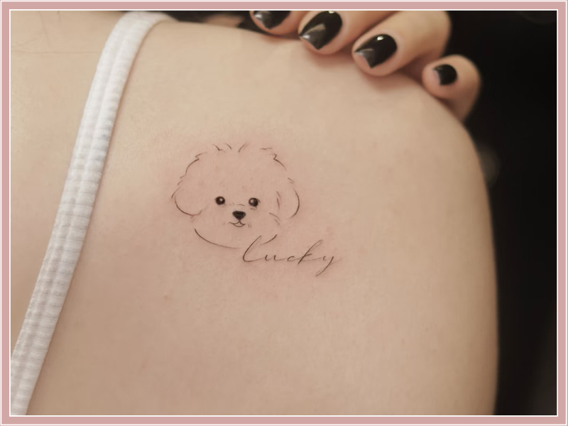 fine line Tattoo dog on shoulder