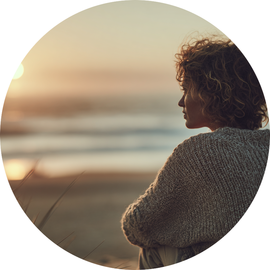 In vertrouwen vooruitkijken Vrouw die in stilte naar de zee kijkt, symbool voor rust, vertrouwen en innerlijke afstemming