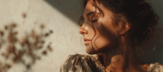 Moment van afstemming in energetisch werk Vrouw met gesloten ogen in warm zonlicht, symbool voor bewustzijn en energetisch werk