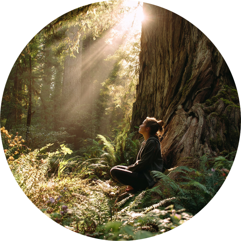 Verbonden met de natuur – landen in je lichaam Vrouw die tegen een grote boom zit als symbool voor gronden en innerlijke rust