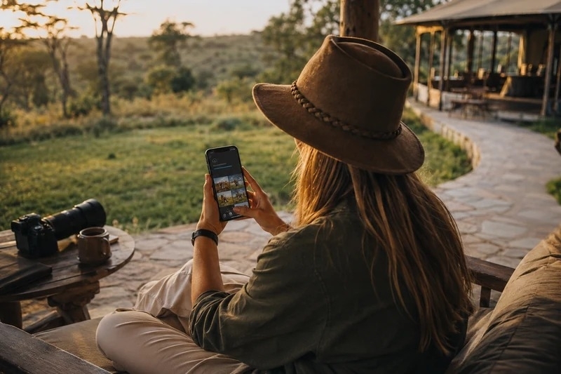 Smartphone met safari-foto’s en databundel voor reizen in Oeganda