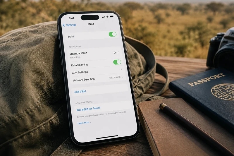 Telefoon met eSIM-instellingen voor lokale eSIM van MTN of Airtel in Oeganda