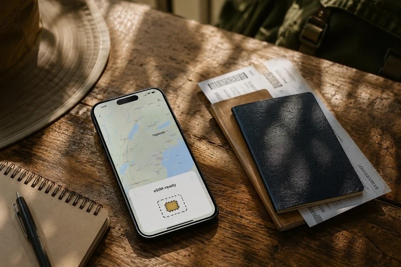 Telefoon met eSIM voor Oeganda naast paspoort en reisdocumenten
