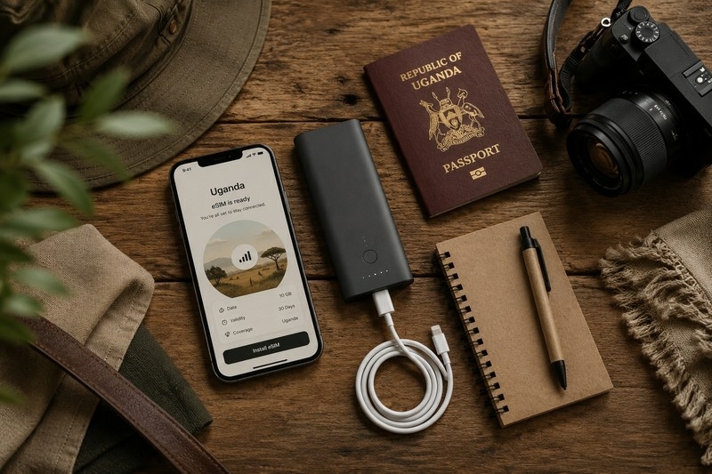 Reischecklist voor Oeganda met telefoon, eSIM, paspoort en powerbank