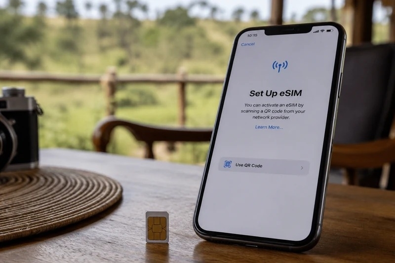 Lokale Oeganda simkaart naast smartphone met eSIM