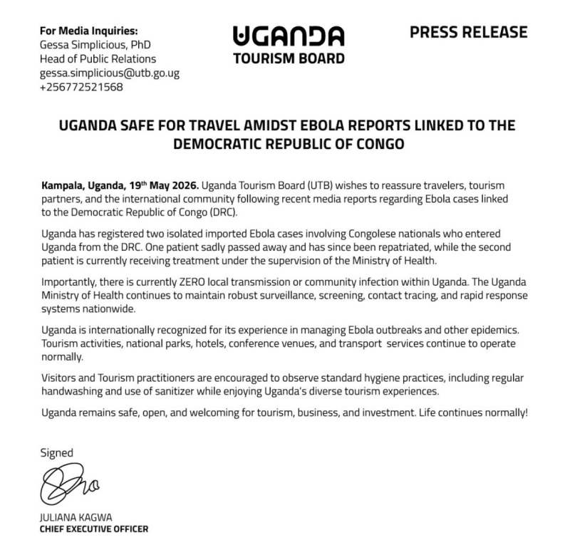 Persbericht Ebola uitbraak Uganda Tourism Board