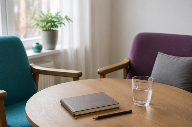 wee stoelen bij een tafel met een gesloten notitieboek, een potlood en een glas water. 3. Social afbeelding