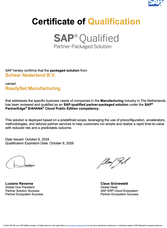 Certificaat SAP Qualified Package ReadySet Manufacturing Certificaat SAP Qualified Package ReadySet Manufacturing
