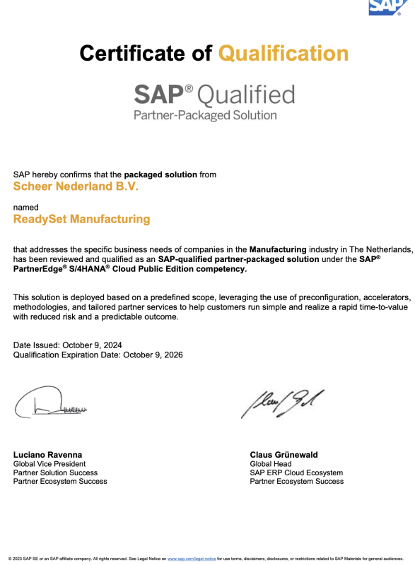 Certificaat SAP Qualified Package ReadySet Manufacturing