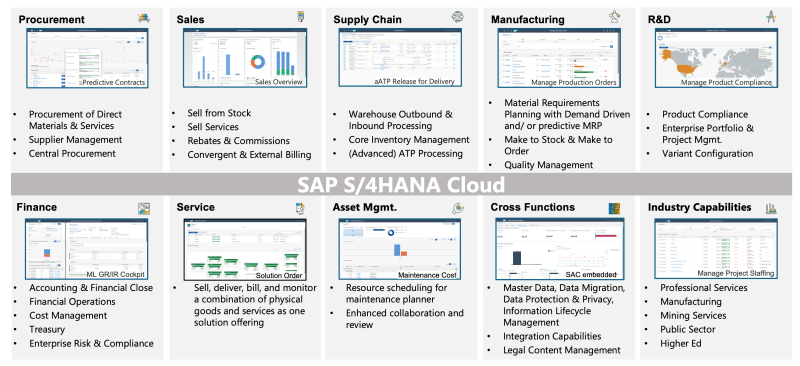 Welke functies zijn onderdeel van SAP S/4HANA Cloud?
