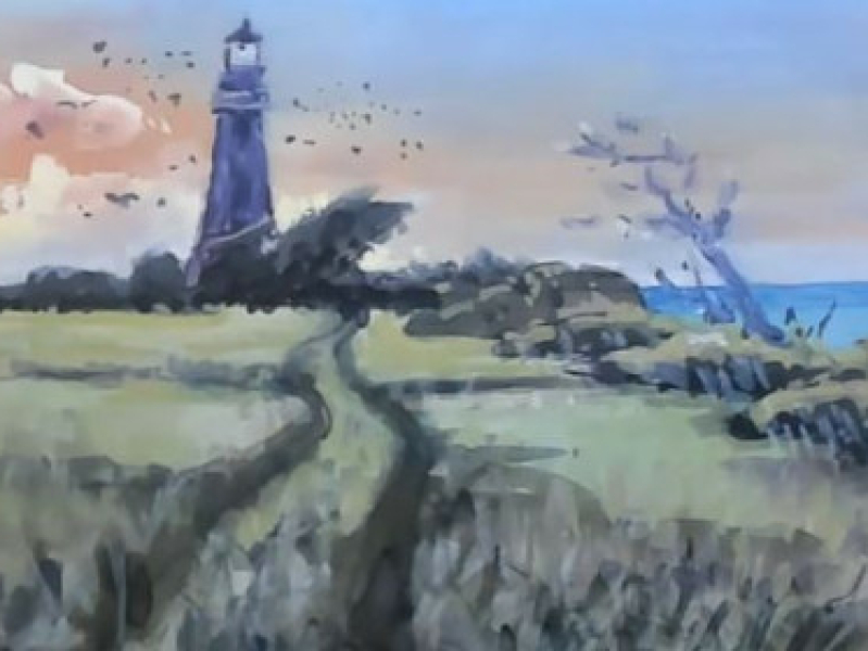 Landschap met vuurtoren gouache Lineke Lijn