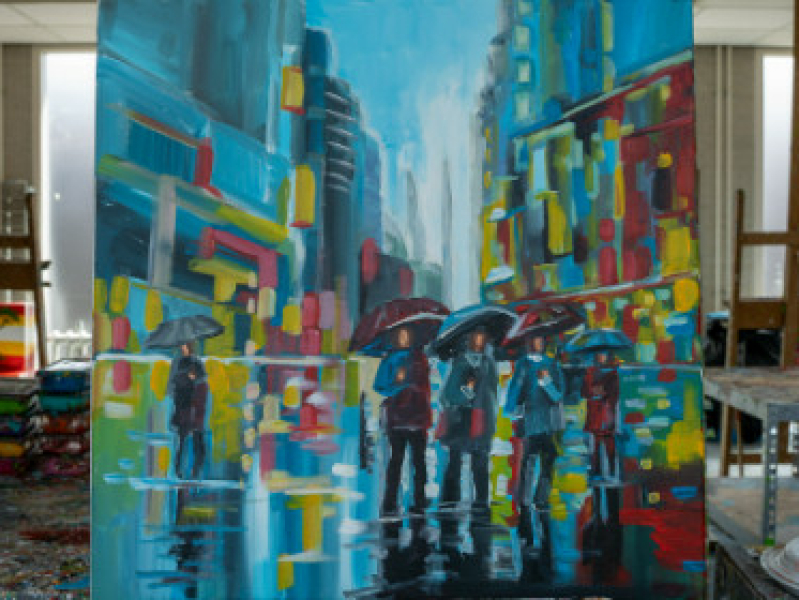 Mensen met paraplu's in de stad schilderen acrylverf Corrie