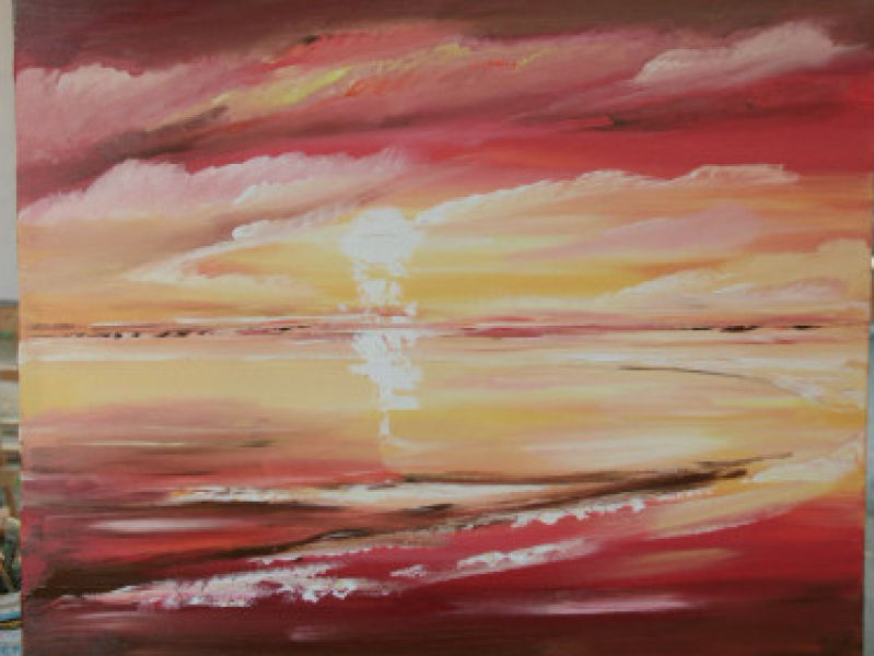 Ondergaande zon schilderen met acrylverf Corrie Leushuis