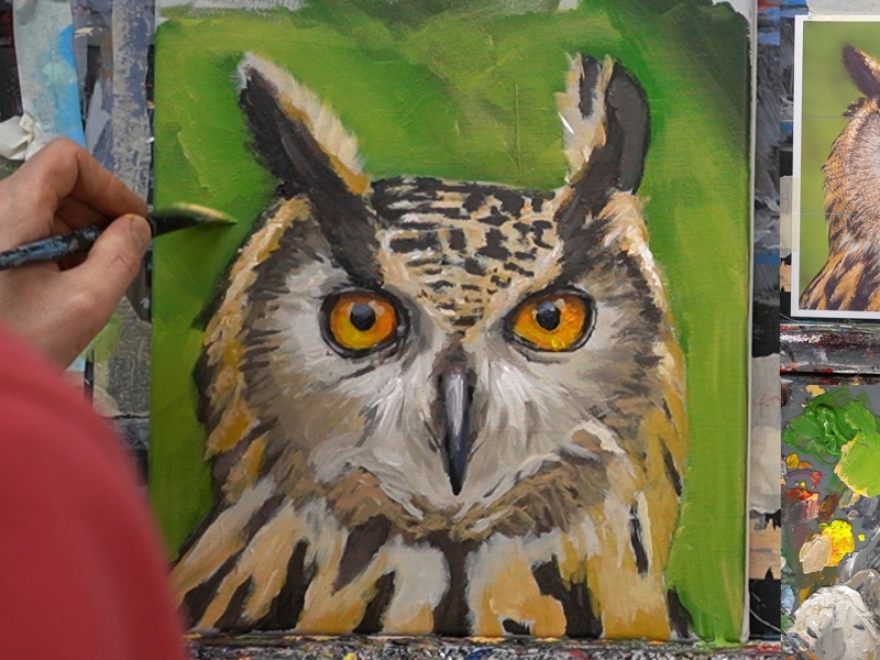Uil schilderen met acrylverf Toon Nagtegaal schilderclub.nl