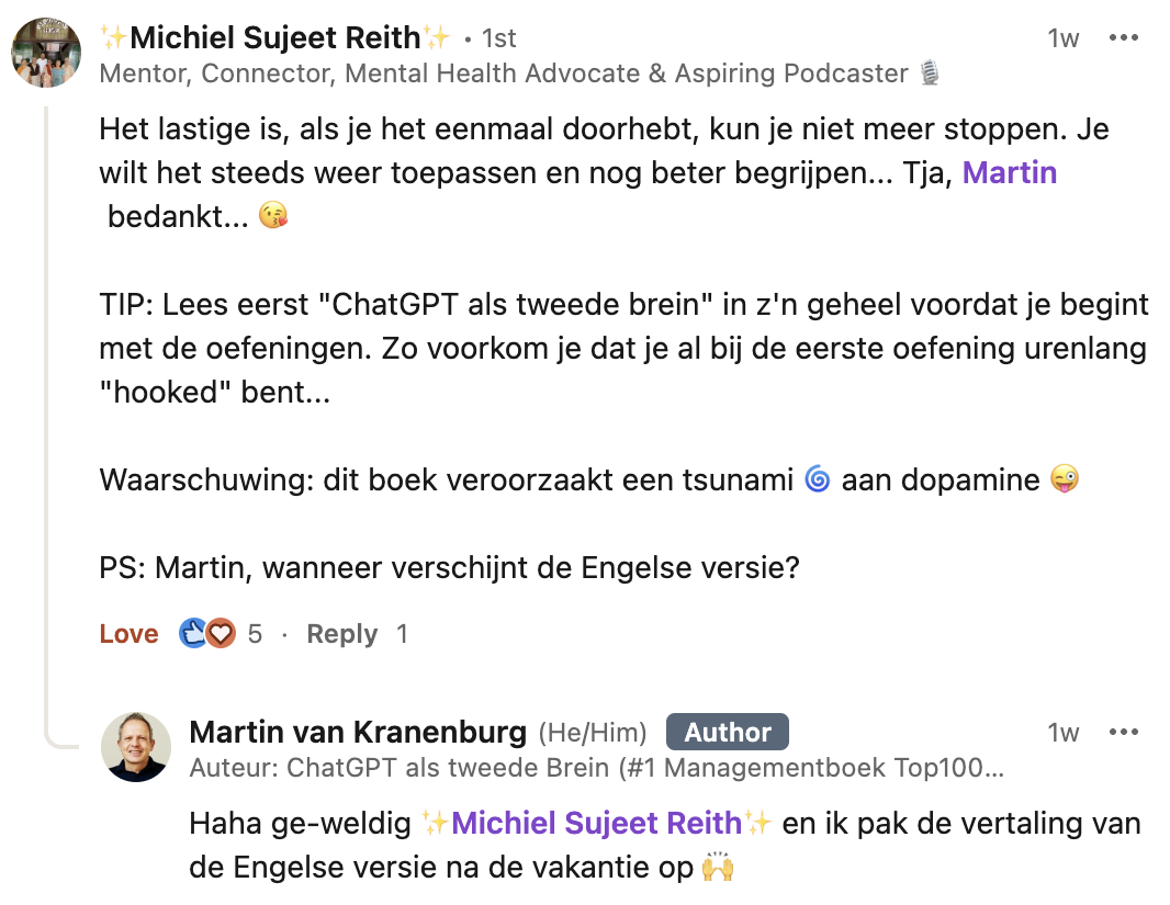 LinkedIn reactie op ChatGPT door Michiel