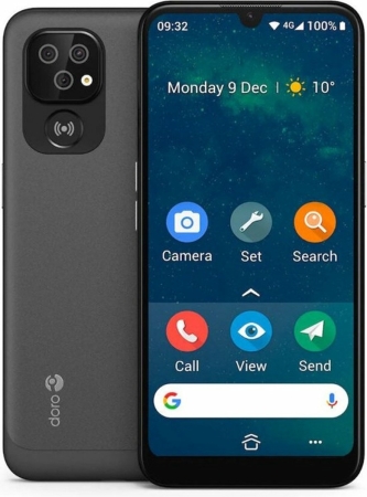 Donkergrijze Doro 8100 senioren smartphone met duidelijke iconen op het scherm en cameramodule aan de achterkant.