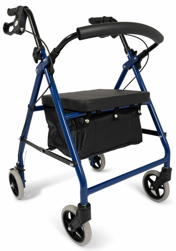 Blauwe lichtgewicht rollator met zitting, handremmen en opbergvak voor binnen en buiten gebruik