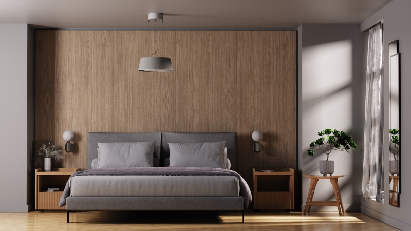 Slaapkamer met Nobi Pendant-lamp aan het plafond, combineert stijl en valdetectie voor veilige nachtrust bij ouderen