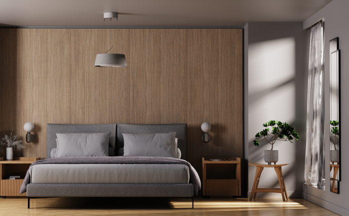 Moderne slaapkamer met Nobi Pendant-plafondlamp, ontworpen voor valdetectie bij ouderen en discreet geïntegreerd in het interieur