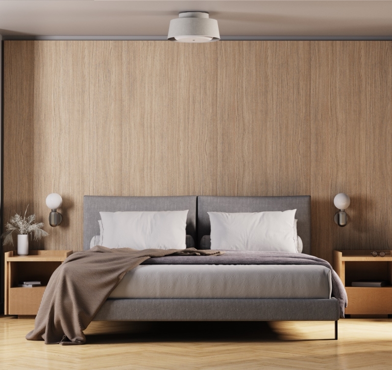 Slimme Nobi lamp aan het plafond van een moderne slaapkamer, ontworpen voor valdetectie bij ouderen