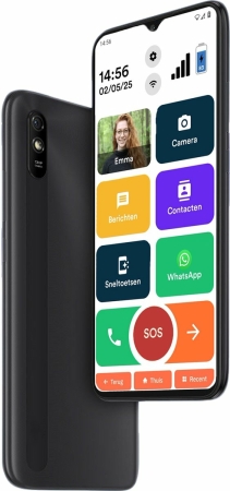 Zwarte Senifone S1 senioren smartphone met grote pictogrammen en SOS-knop op het scherm, ideaal voor ouderen.