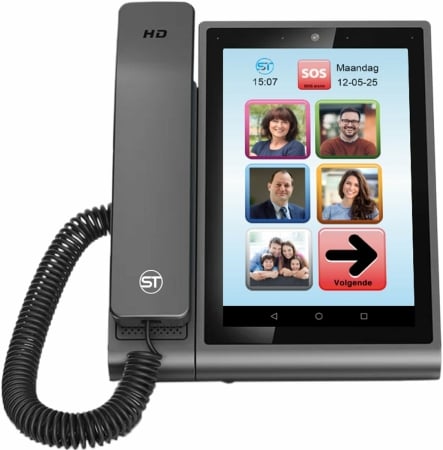 Combinatie van seniorentablet en vaste telefoon met grote knoppen, ideaal voor eenvoudig beeldbellen en contact met familie