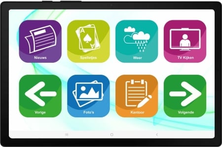 Menu van een senioren tablet met grote, duidelijke pictogrammen voor nieuws, spelletjes, weer, tv-kijken, foto's en kalender.
