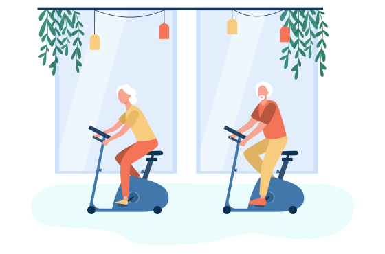 Afbeelding van twee ouderen op een stoelfiets, illustratief voor beweging en training binnenshuis