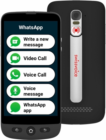 Swissvoice S510-M senioren smartphone met vereenvoudigd WhatsApp-menu en apart oplaadstation.