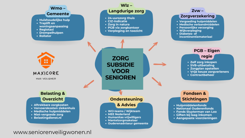 Visuele mindmap met zes routes voor zorgsubsidie voor senioren in 2025: Wmo, Wlz, Zvw, PGB, fondsen en ondersteuning.