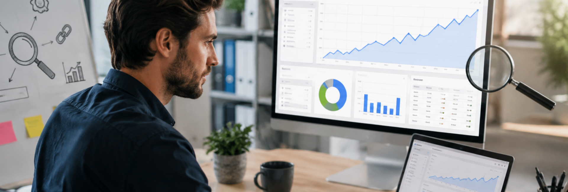SEO specialist inhuren voor betere online vindbaarheid SEO specialist analyseert zoekwoorden, websiteprestaties en organische groei op verschillende schermen.
