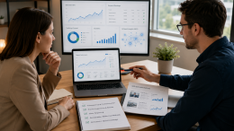Waar let je op bij het inhuren van een SEO specialist? Twee professionals bespreken het inhuren van een SEO specialist aan tafel, met dashboards, rapportages en een checklist over transparantie, ervaring, rapportage en AI-zoekkennis.