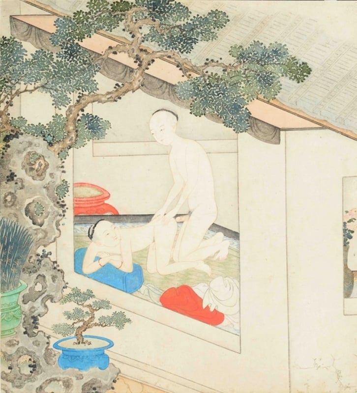 19th century Chinese erotic painting with copulating male teenagers
