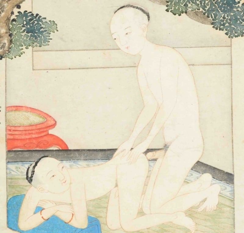 19th century Chinese erotic painting with copulating male teenagers (close-up)