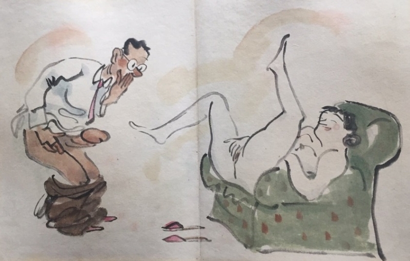 ‘A bespectacled commoner keenly observes his naked wife playing with herself lying in the armchair‘