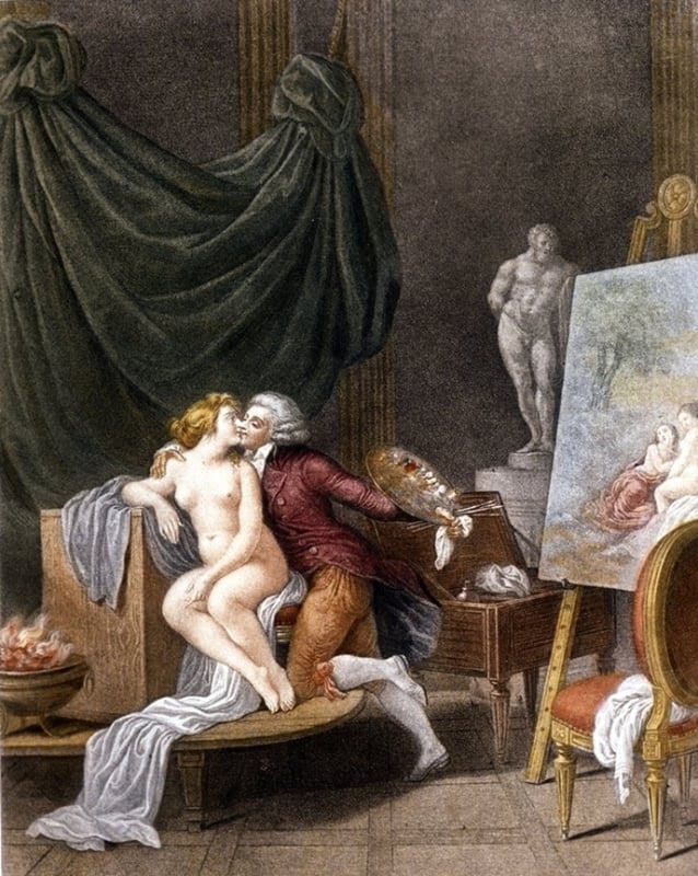 A gallant scene between the painter and his model, engraving by Jean Frederic Schall