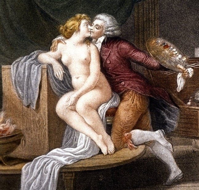 A gallant scene between the painter and his model, engraving by Jean Frederic Schall (detail)