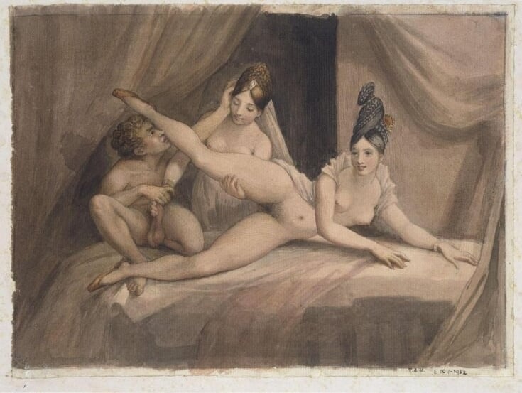 A man and two women on a bed, erotic drawing by Theodor Mattias von Holst, c.1830, Victoria and Albert Museum, London Collection (Attributed to Henry Fuseli)