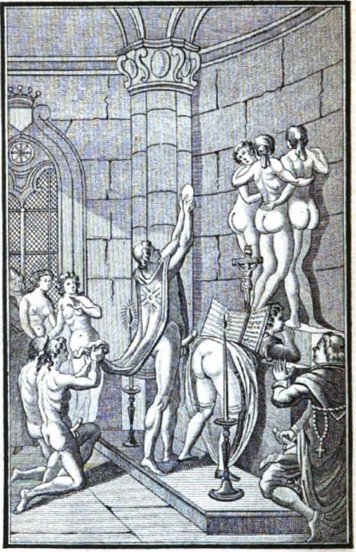 A printing from Justine, or The Misfortunes of Virtue, depicting an orgy with a monk
