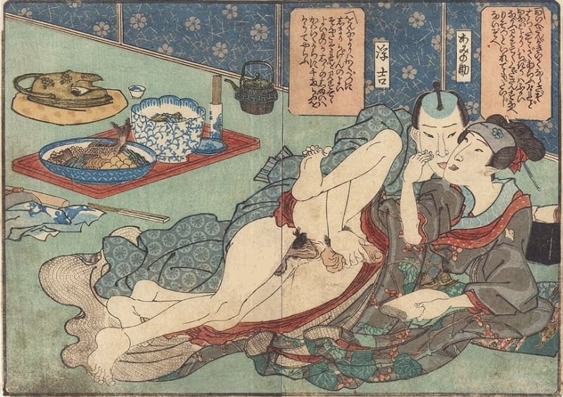 ‘A young wakashu kabuki actor and older male lover‘ (c.1838) from the series ‘Chinpen shinkeibai’ by Kuniyoshi