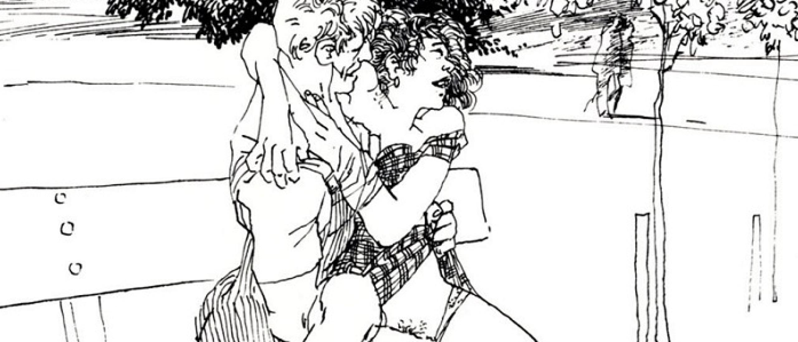 aanstoot erotic drawing intimate couple on a bench in the park