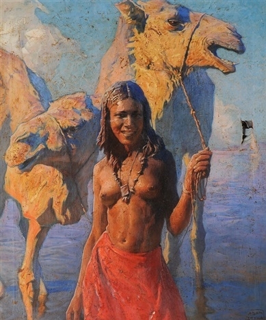adam styka Native Maiden And A Camel At Waters Edge