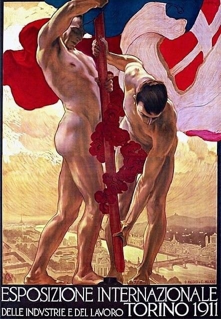 ADS Vintage Homoerotic 1911 Adolfo De Karolis  (1874-1928)  Esposizione Turin, Italy Public Domain File Poster Nude