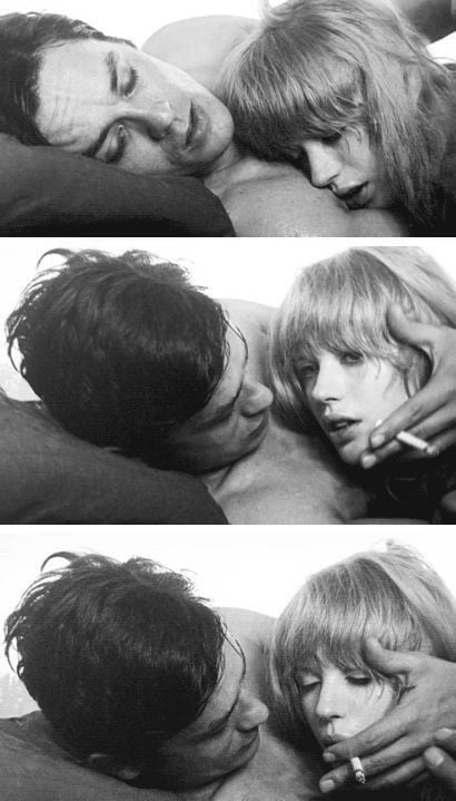 Alain Delon and Marianne Faithfull, stills from the set of 1968 film The Girl on a Motorcycle (released in the US as Naked Under Leather)