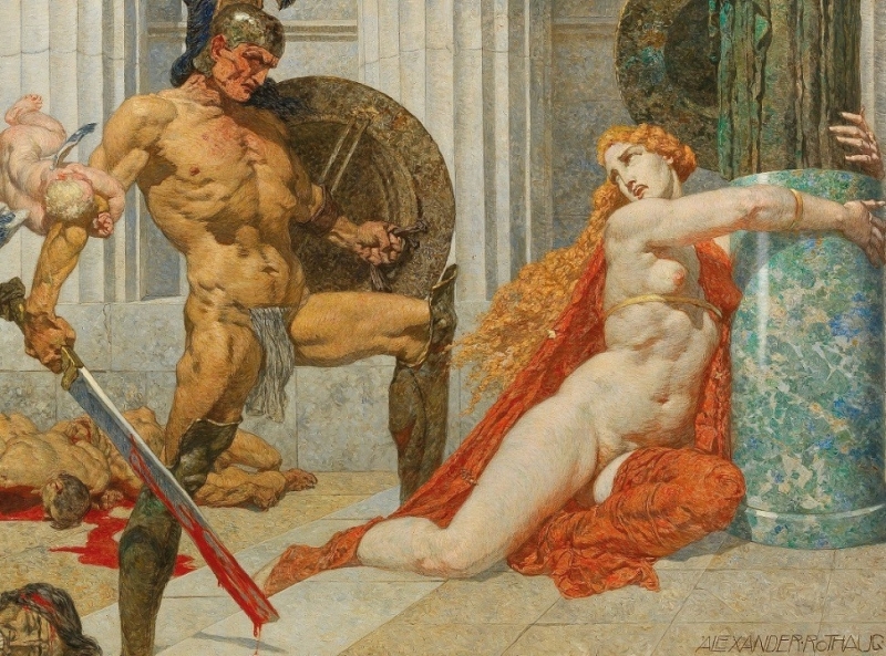 alexander rothaug Furious Menelaos finds his spouse Helene in Troy with cupid holding his hand