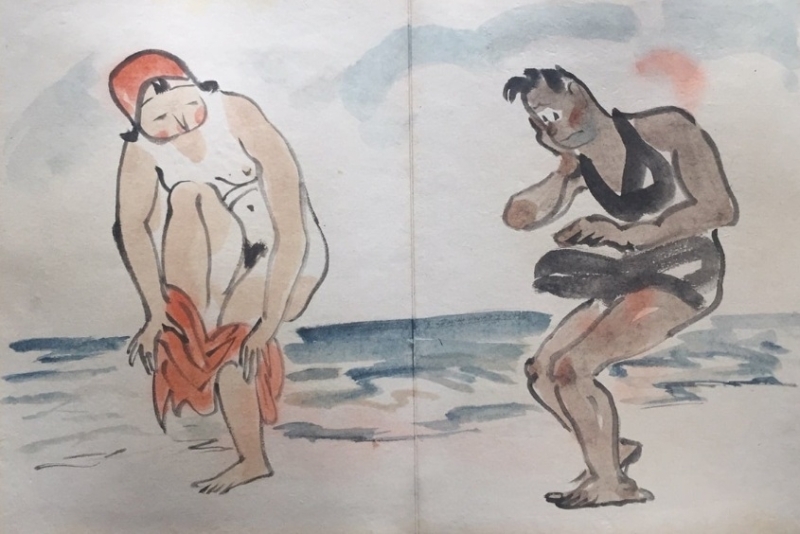 ‘An amusing beach scene with an embarrassed man who can not hide is erection when the woman next to him takes off her clothes.’