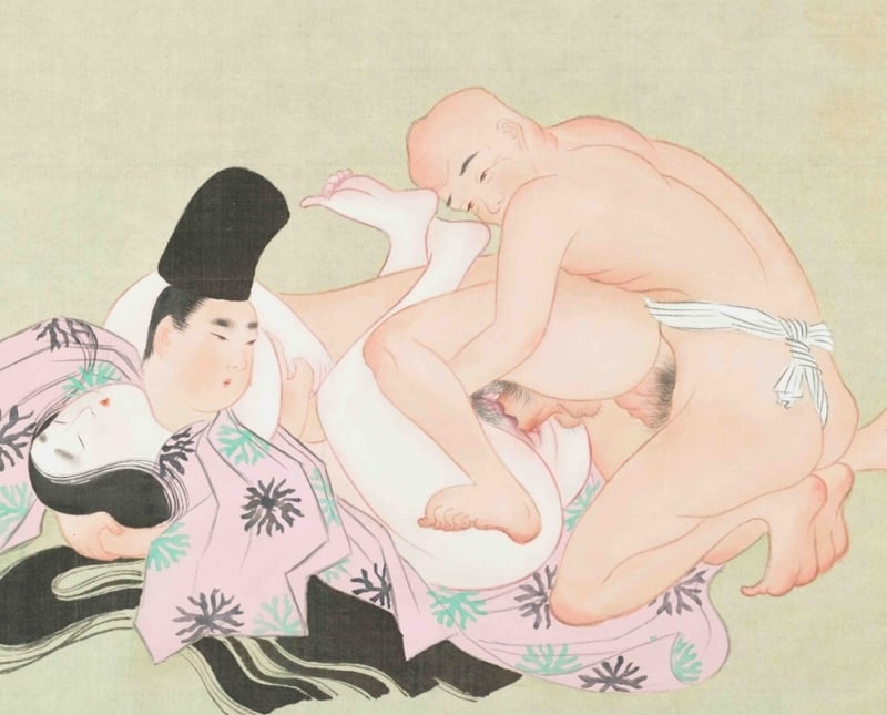 ancient Japanese erotic painting depicting gay aristocrats (close-up)