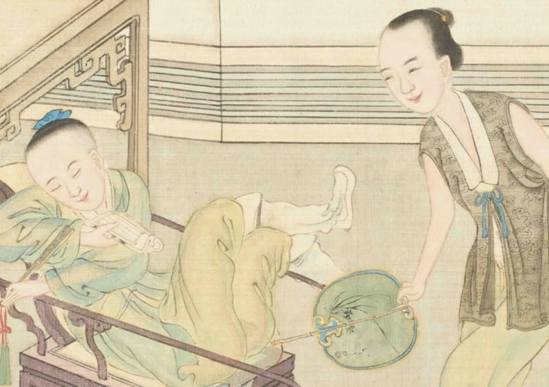 antique Chinese erotic painting depicting gay activity (close-up)