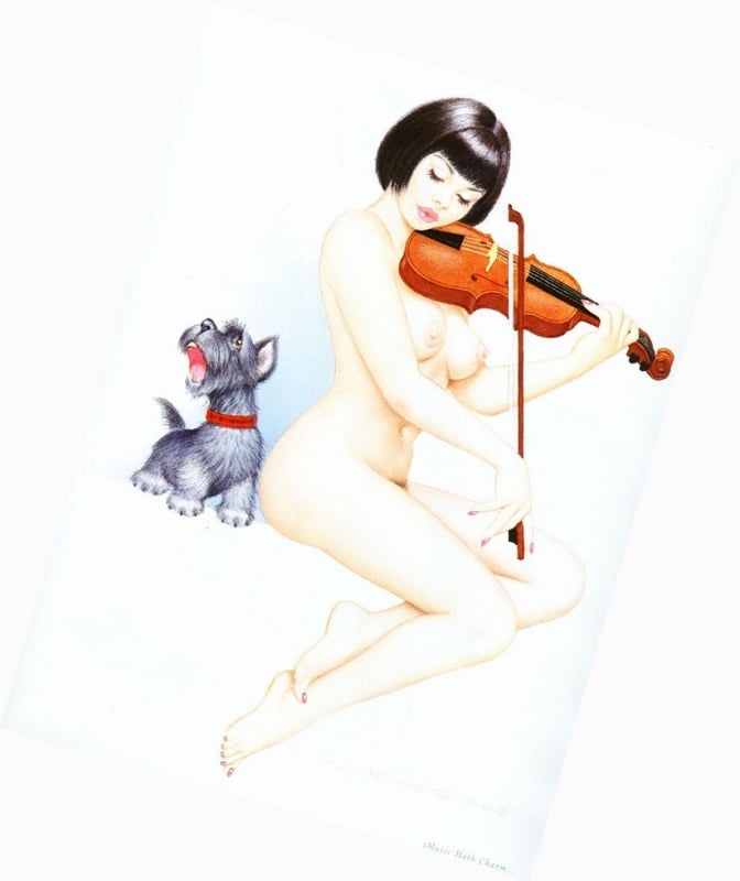 Archie Dickens pin-up with violin and puppy